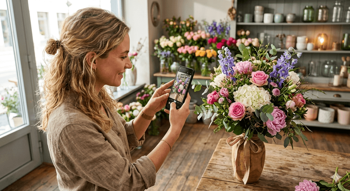 Floristin fotografiert einen Blumenstrauß